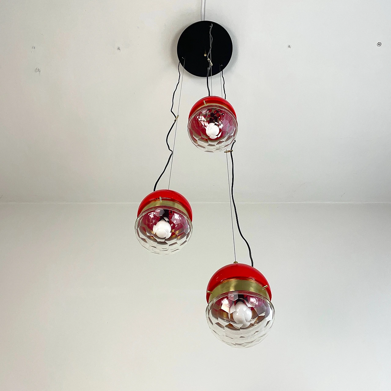 Brass, red methacrylate and glass pendant lamp, 1960s 6