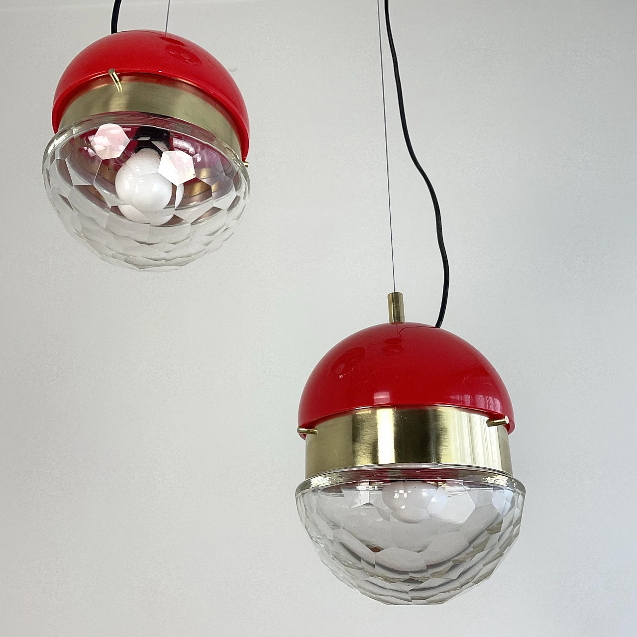 Brass, red methacrylate and glass pendant lamp, 1960s 7