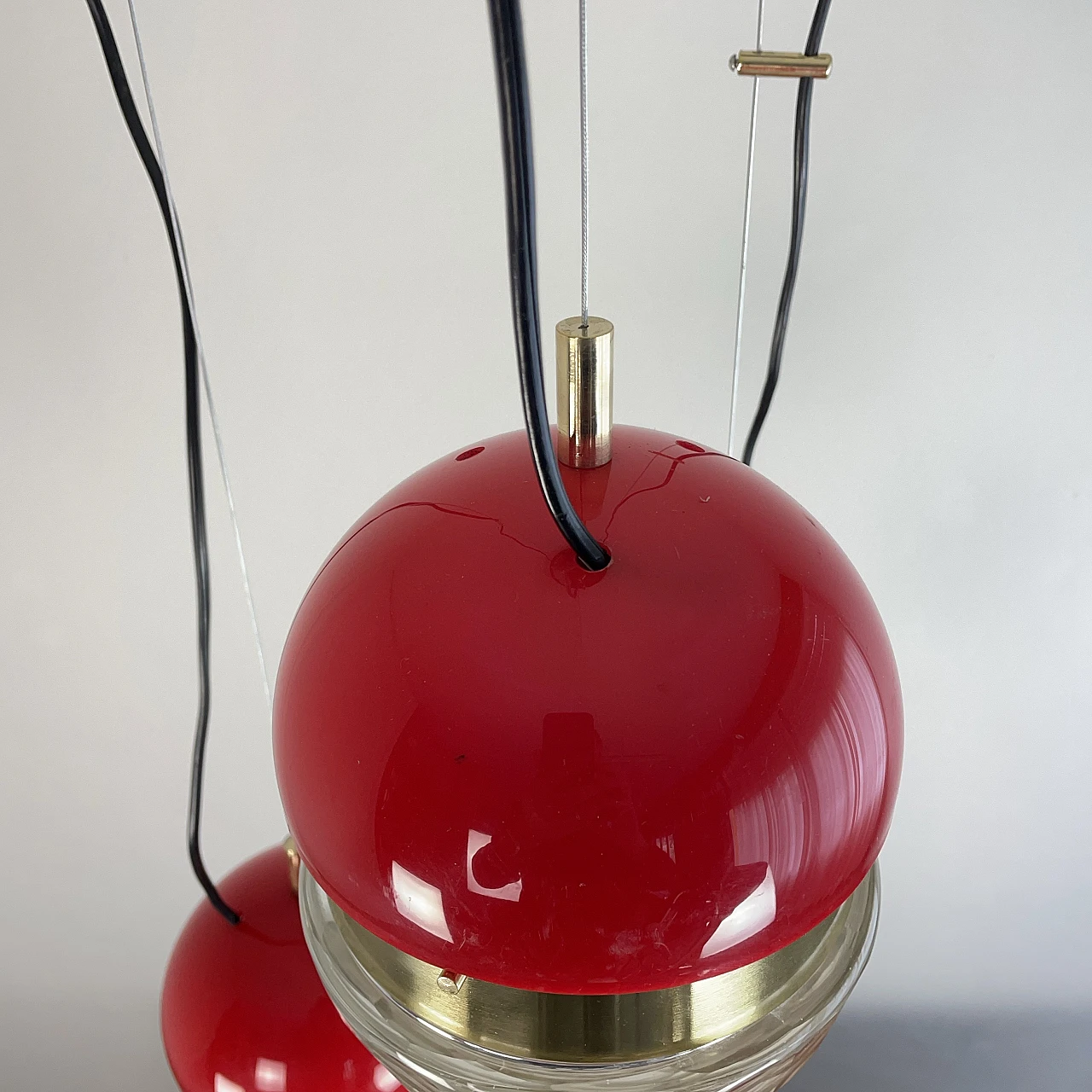 Brass, red methacrylate and glass pendant lamp, 1960s 8