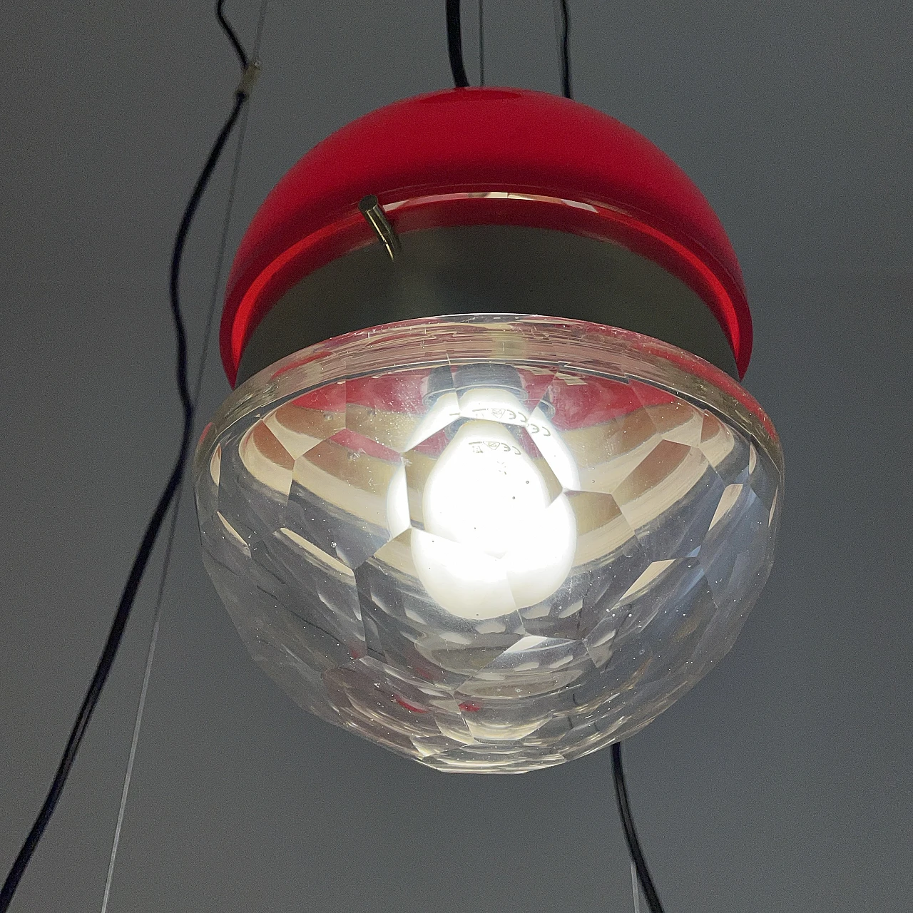 Brass, red methacrylate and glass pendant lamp, 1960s 9