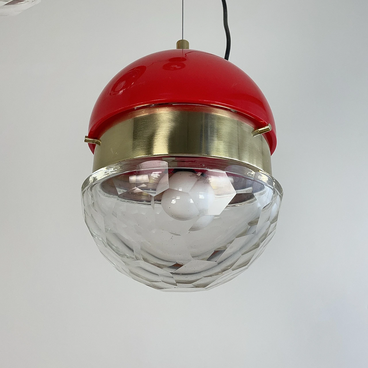 Brass, red methacrylate and glass pendant lamp, 1960s 10