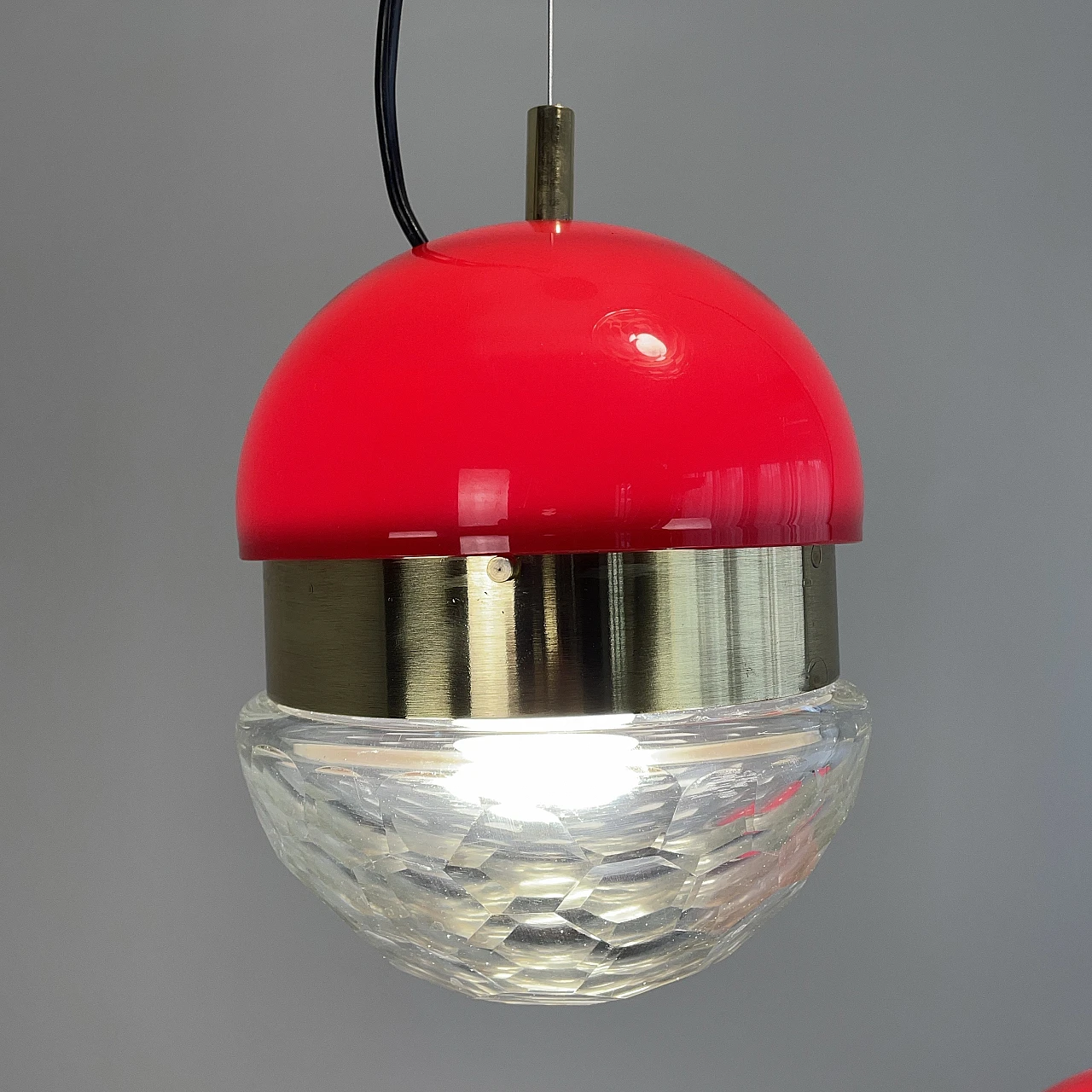 Brass, red methacrylate and glass pendant lamp, 1960s 11