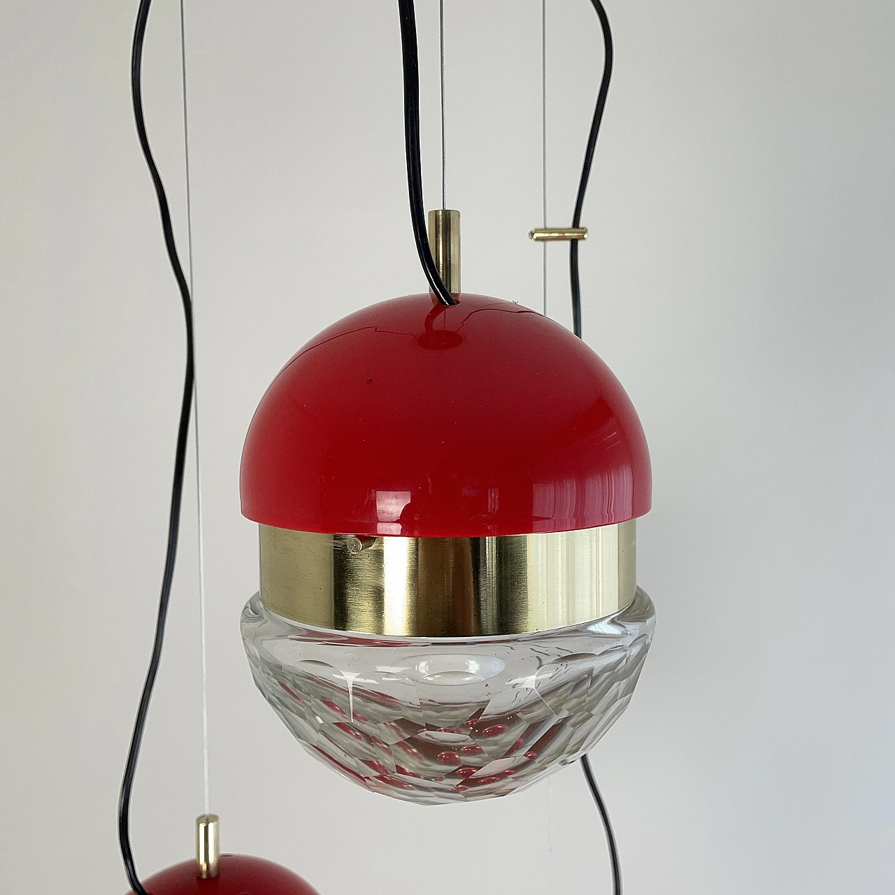 Brass, red methacrylate and glass pendant lamp, 1960s 12