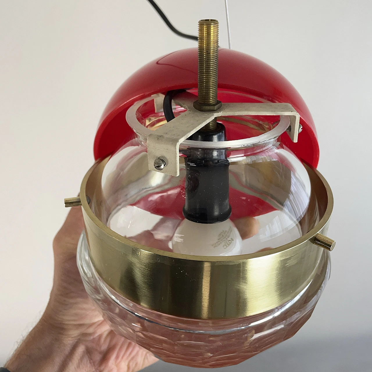 Brass, red methacrylate and glass pendant lamp, 1960s 15