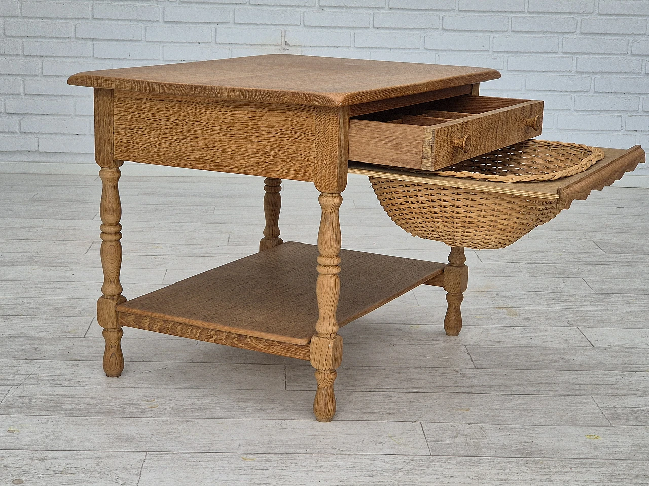 Danish sewing chest of drawers in solid oak and rattan, 1970s 1