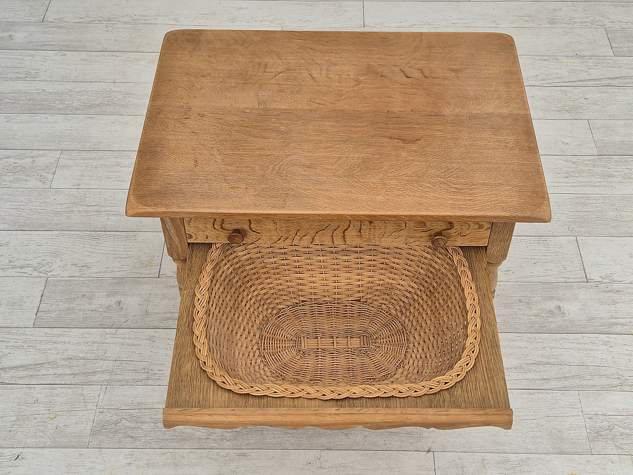 Danish sewing chest of drawers in solid oak and rattan, 1970s 5