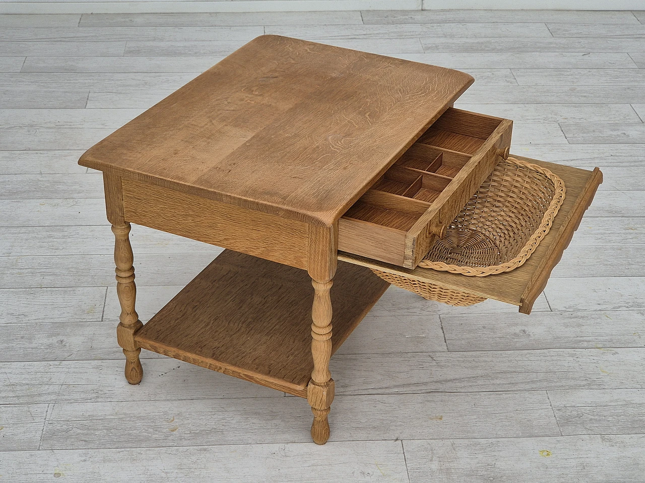 Danish sewing chest of drawers in solid oak and rattan, 1970s 6