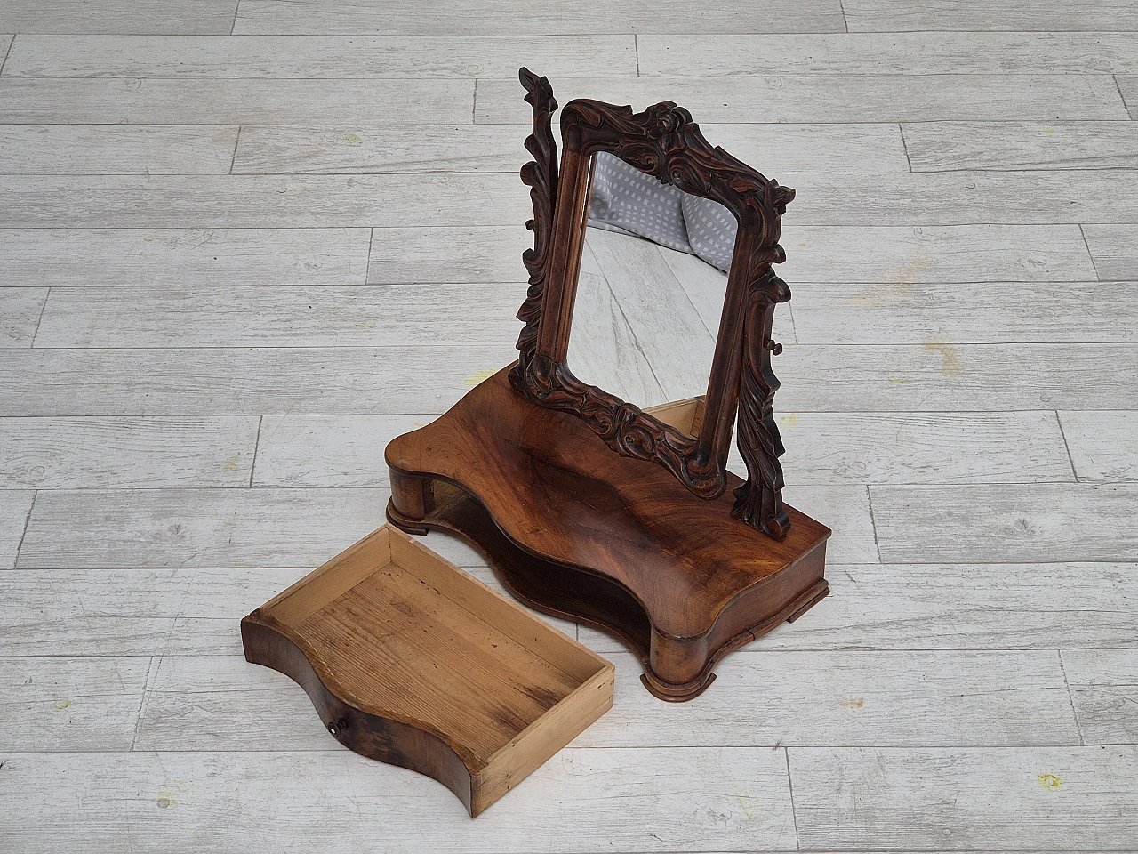 Danish cherrywood mirror with jewellery drawer, 1920s 8