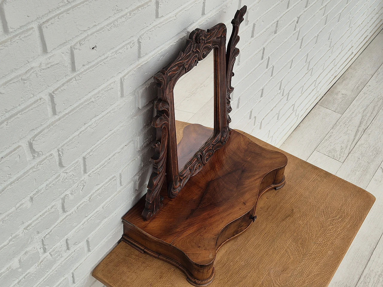 Danish cherrywood mirror with jewellery drawer, 1920s 10