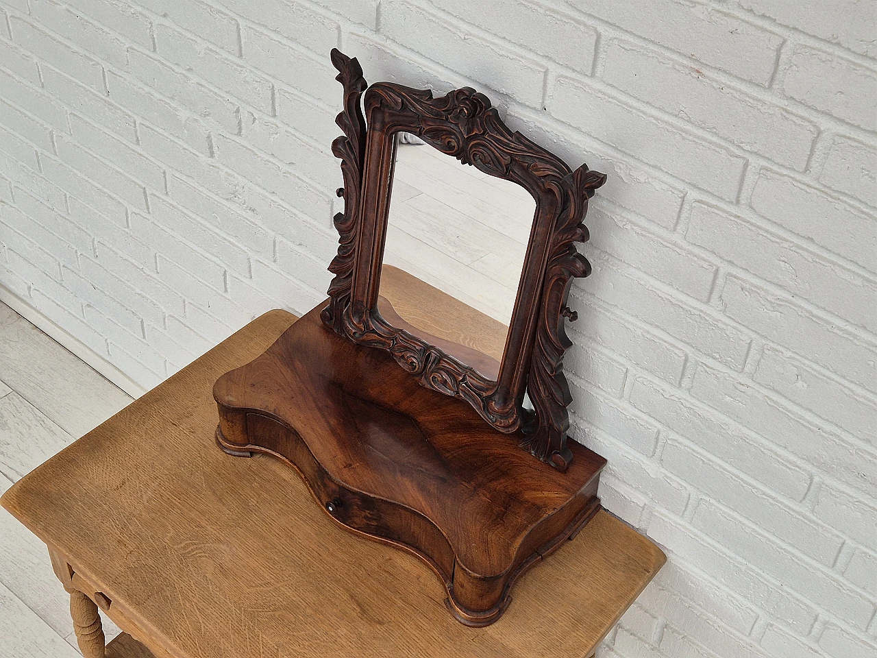 Danish cherrywood mirror with jewellery drawer, 1920s 11