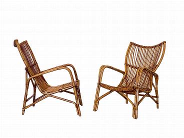 Pair of reed and bamboo armchairs, 1970s