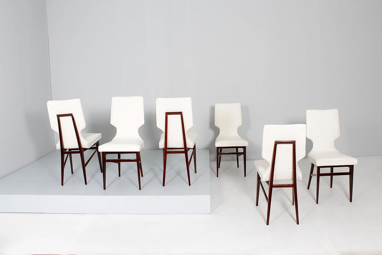 6 Wood & white fabric chairs attributed to I. Parisi for Cantù, 1960s 5