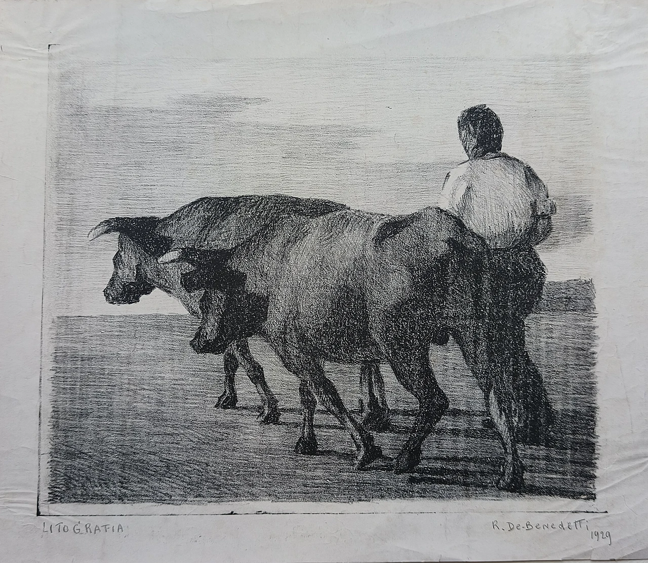 Renzo De Benedetti, bulls and farmer, lithography, 1929 1