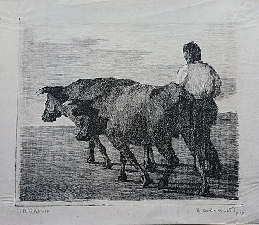 Renzo De Benedetti, bulls and farmer, lithography, 1929