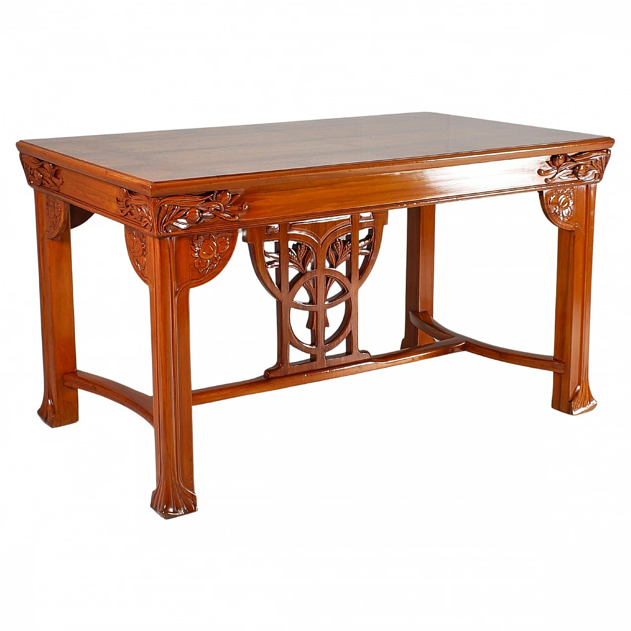 Inlaid & carved wooden table with floral decor by V. Ducrot 1