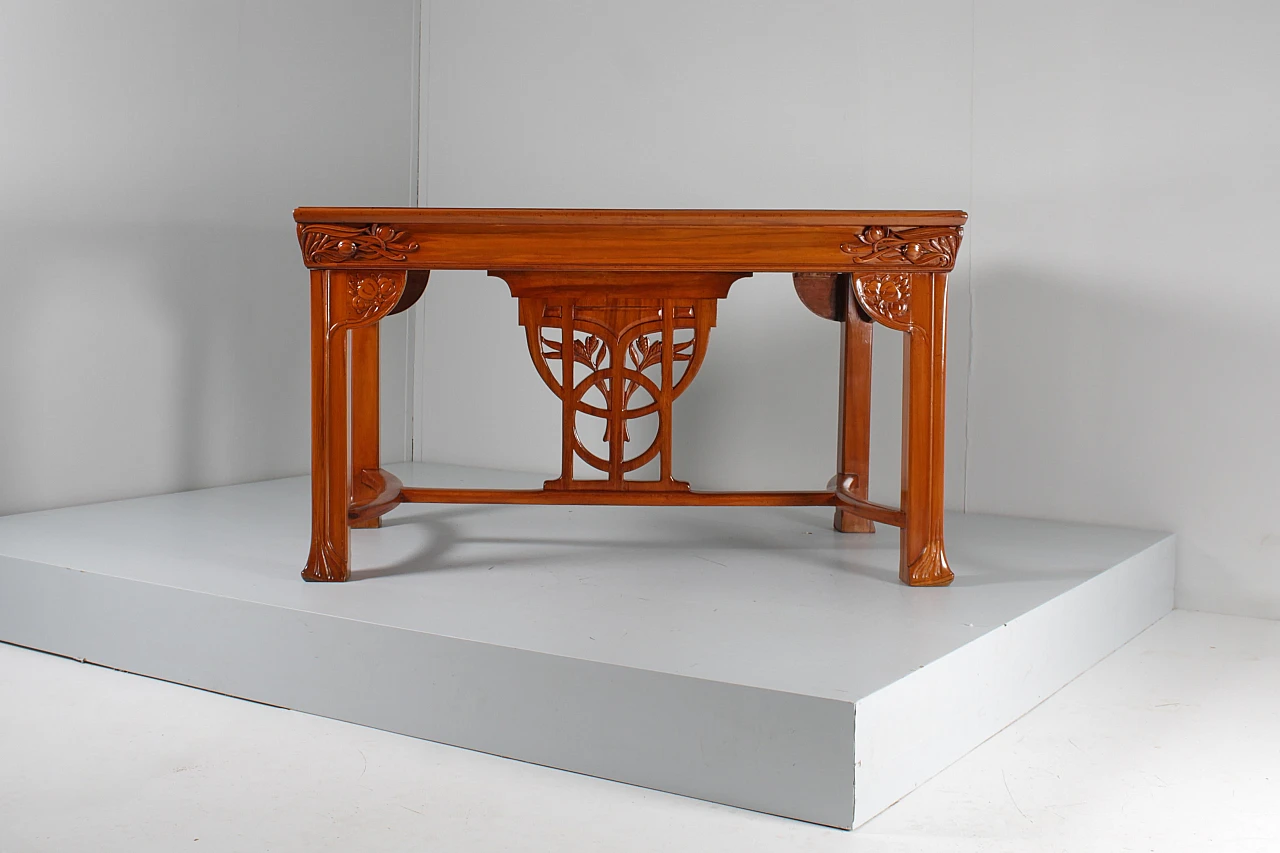 Inlaid & carved wooden table with floral decor by V. Ducrot 2