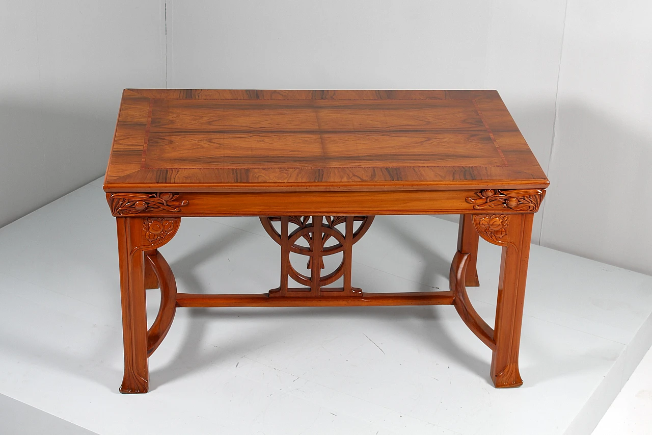 Inlaid & carved wooden table with floral decor by V. Ducrot 3