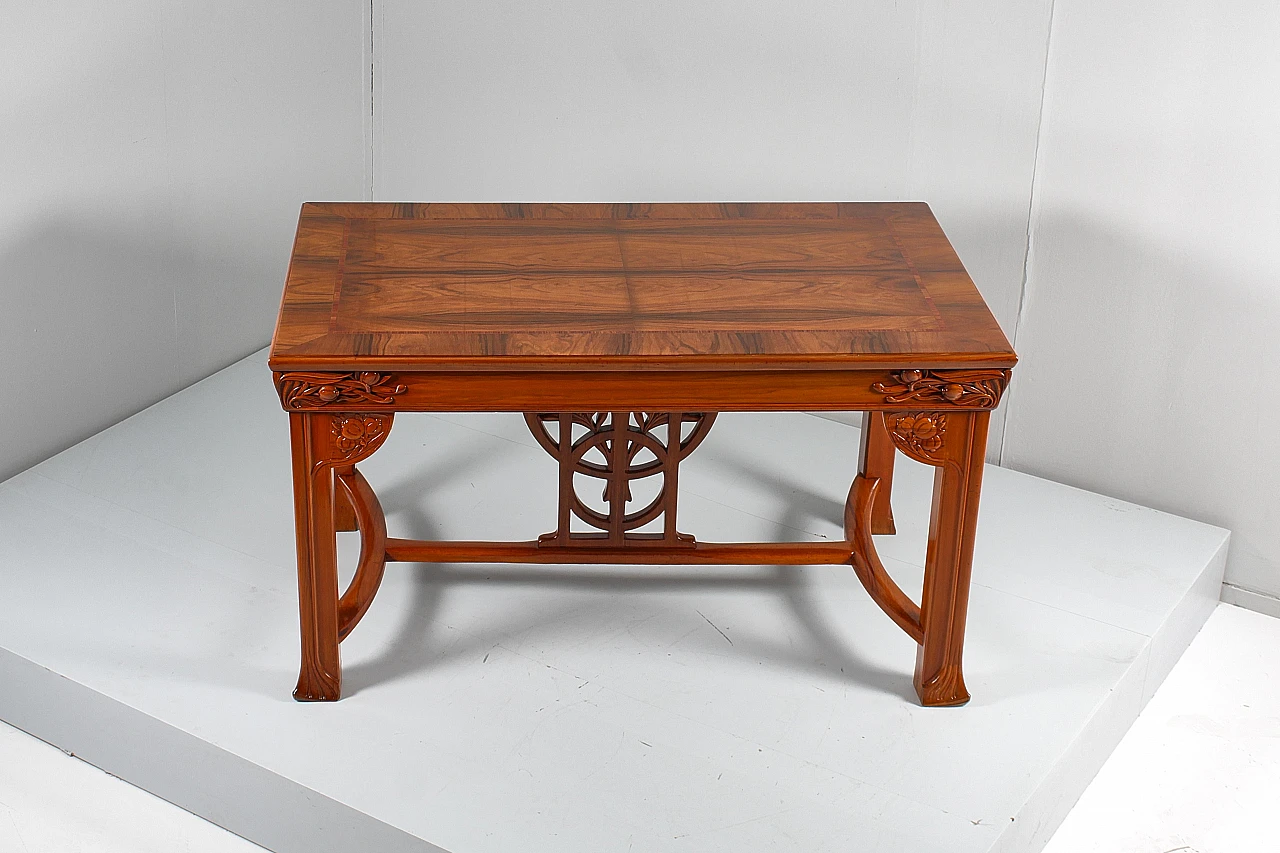 Inlaid & carved wooden table with floral decor by V. Ducrot 4