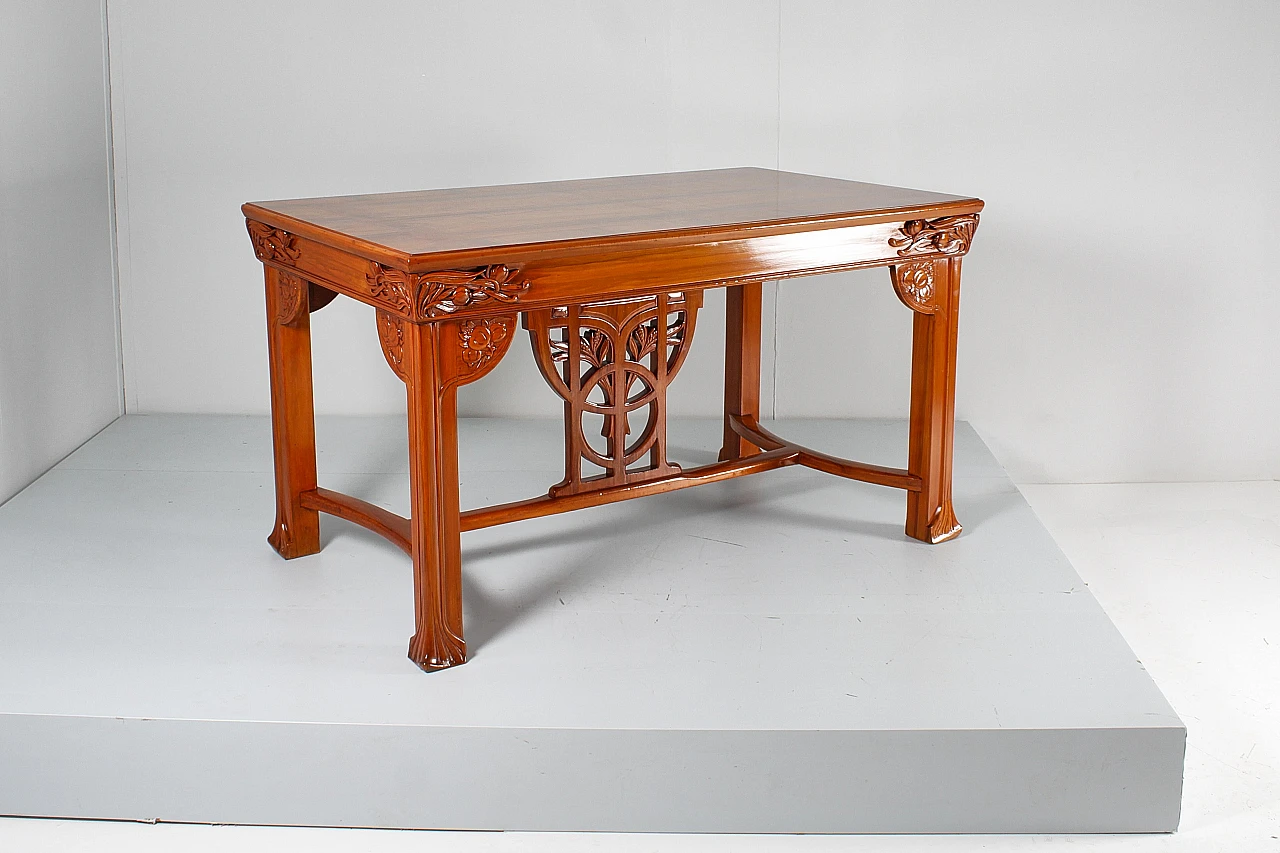 Inlaid & carved wooden table with floral decor by V. Ducrot 6