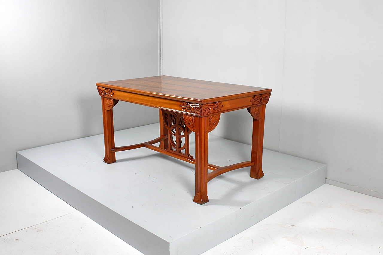 Inlaid & carved wooden table with floral decor by V. Ducrot 7