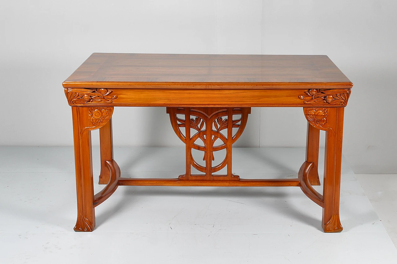 Inlaid & carved wooden table with floral decor by V. Ducrot 8
