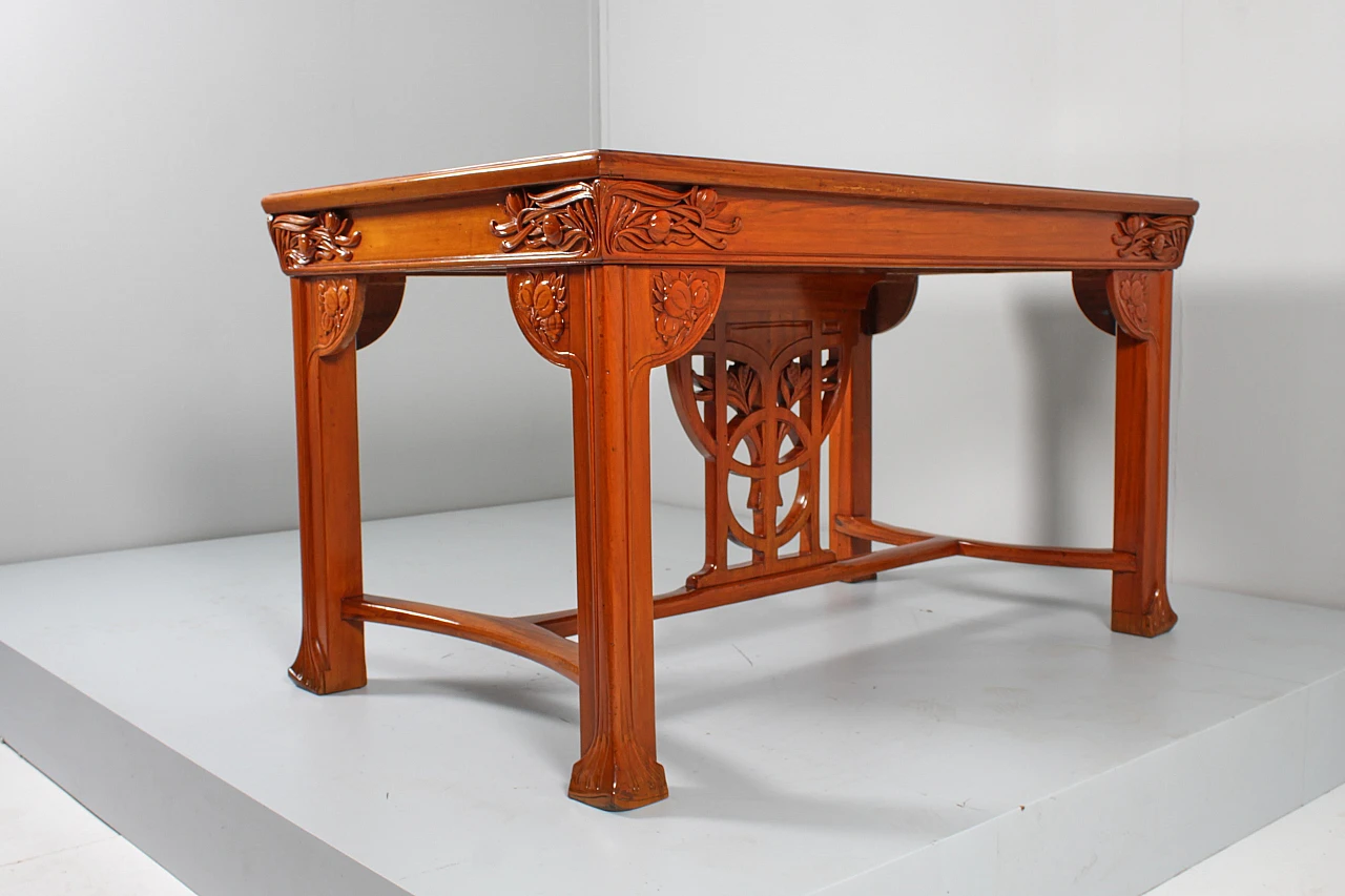 Inlaid & carved wooden table with floral decor by V. Ducrot 9