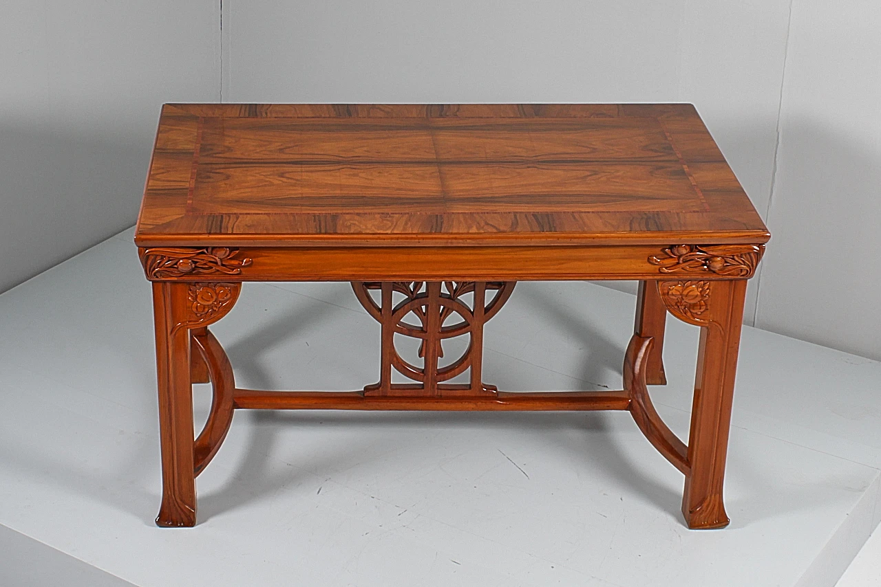 Inlaid & carved wooden table with floral decor by V. Ducrot 10