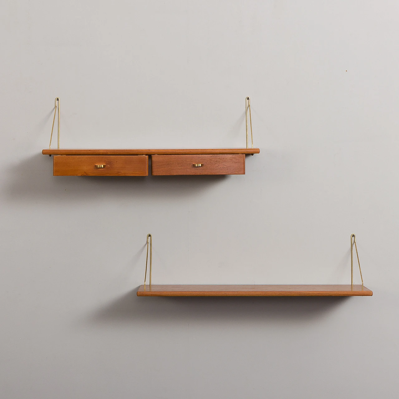 Danish teak and brass hanging console and shelf, 1950s 1