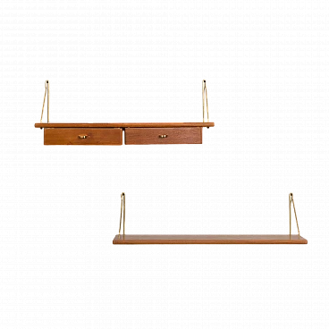 Danish teak and brass hanging console and shelf, 1950s