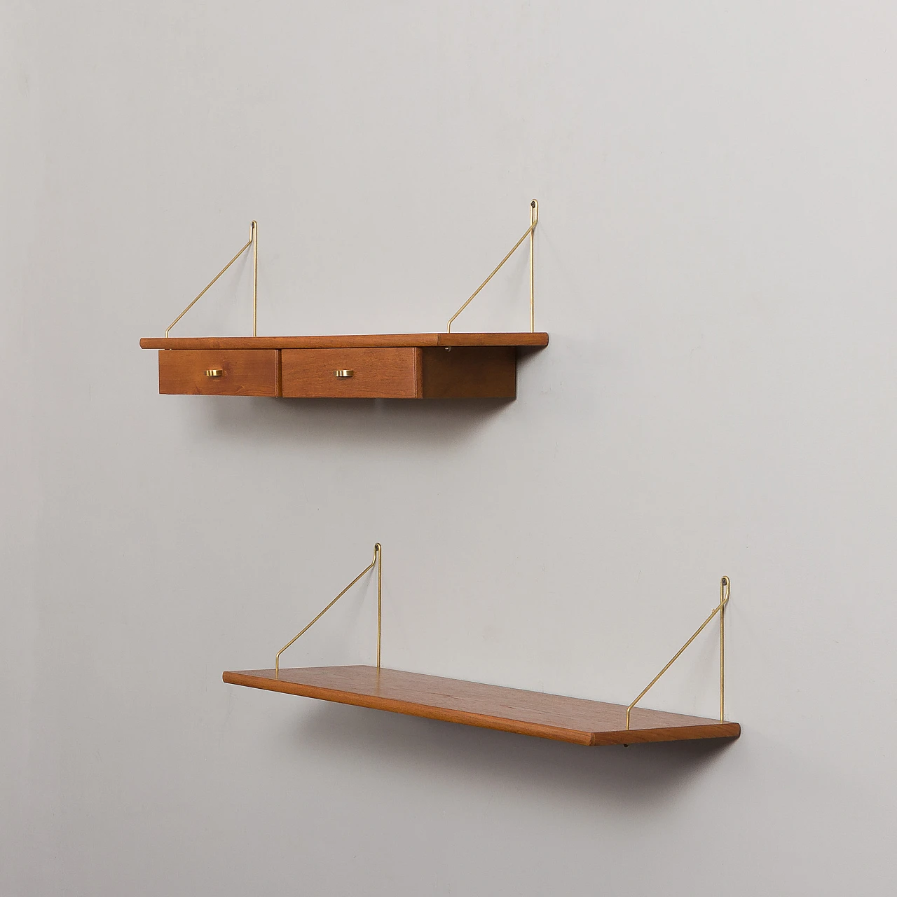 Danish teak and brass hanging console and shelf, 1950s 5