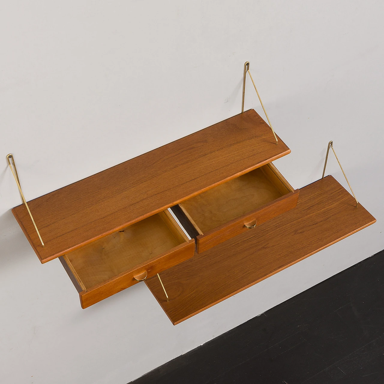 Danish teak and brass hanging console and shelf, 1950s 7