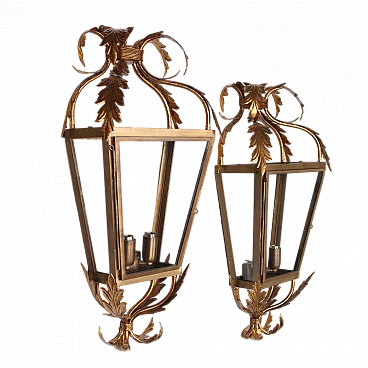 Pair of brass & iron wall lights with floral motifs