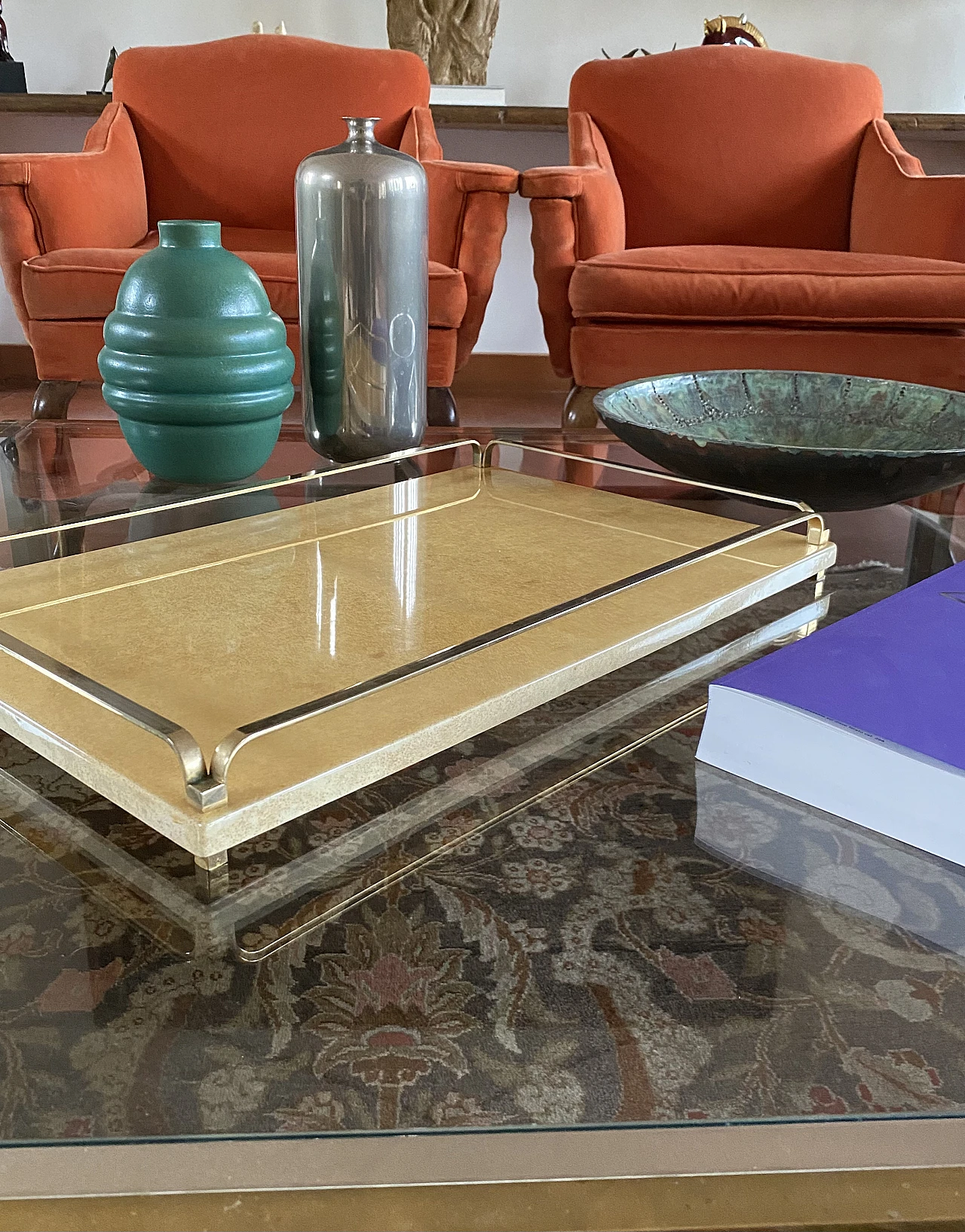 Brass and parchment tray by Aldo Tura, 1960s 7