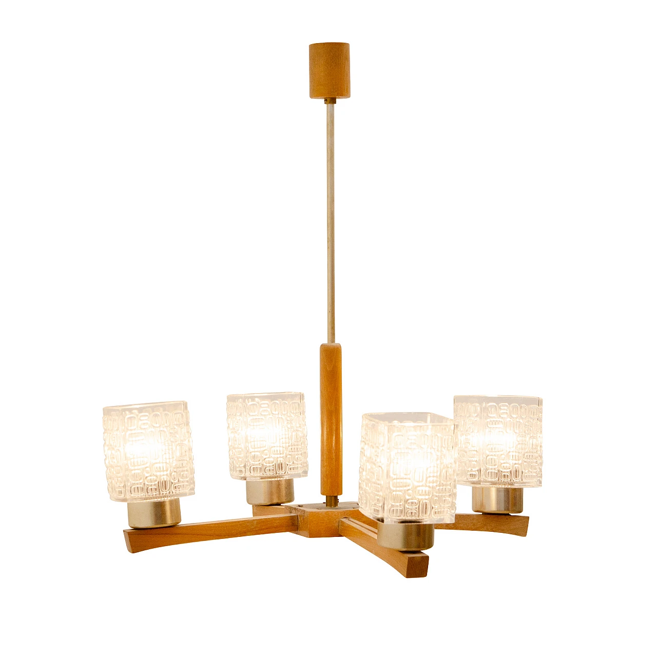 Brutalist Czechoslovakian wood and glass chandelier, 1970s 1