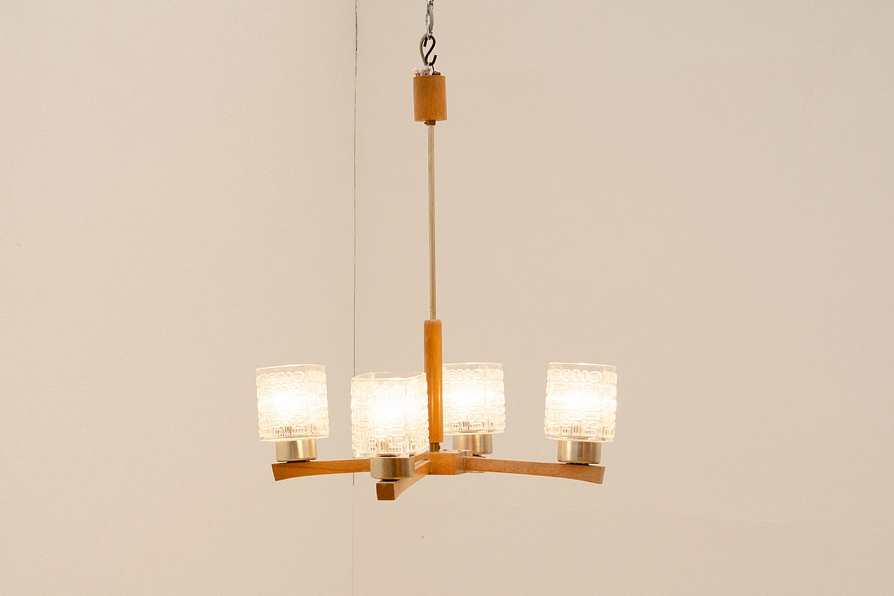 Brutalist Czechoslovakian wood and glass chandelier, 1970s 2