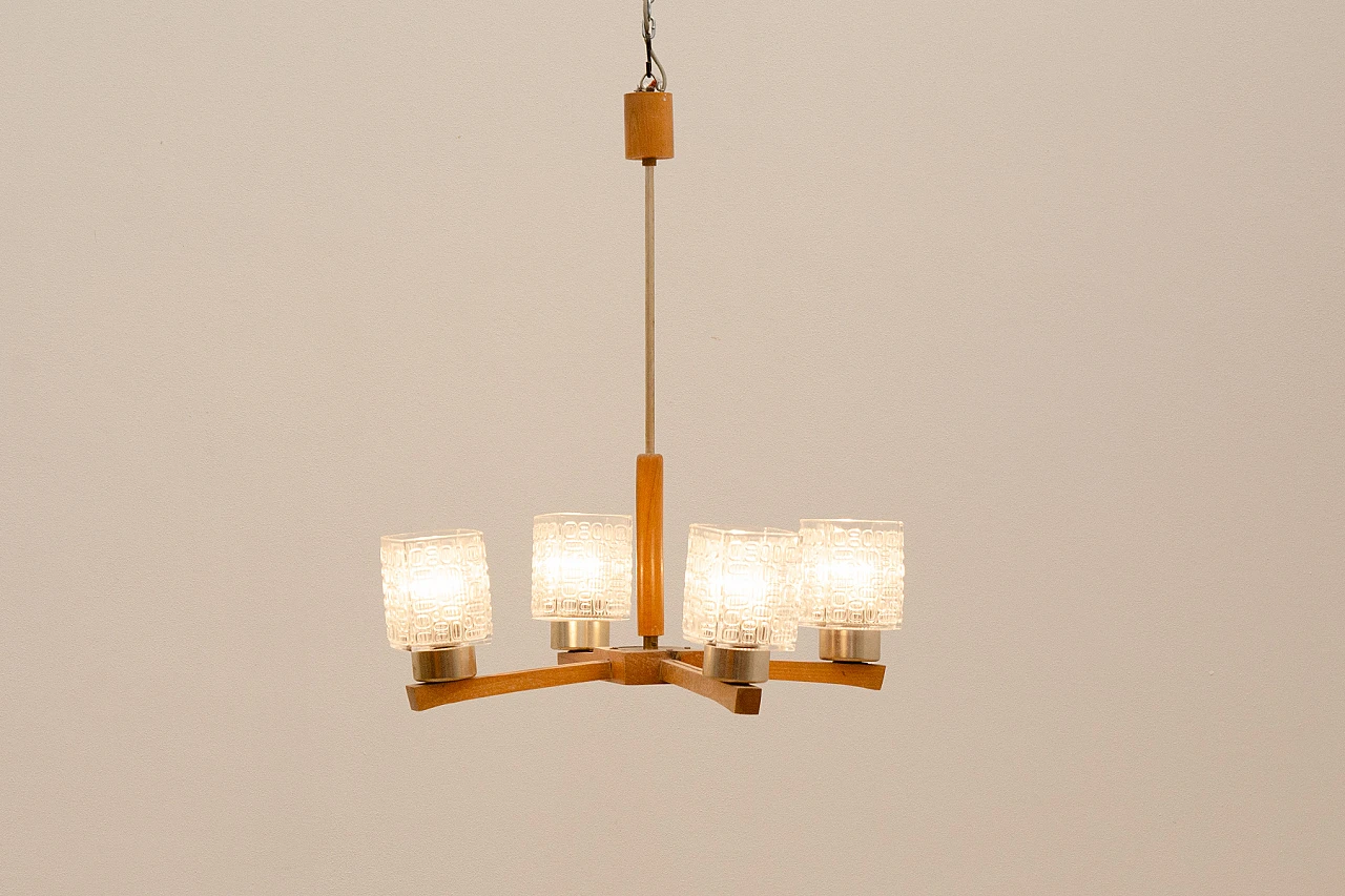 Brutalist Czechoslovakian wood and glass chandelier, 1970s 3