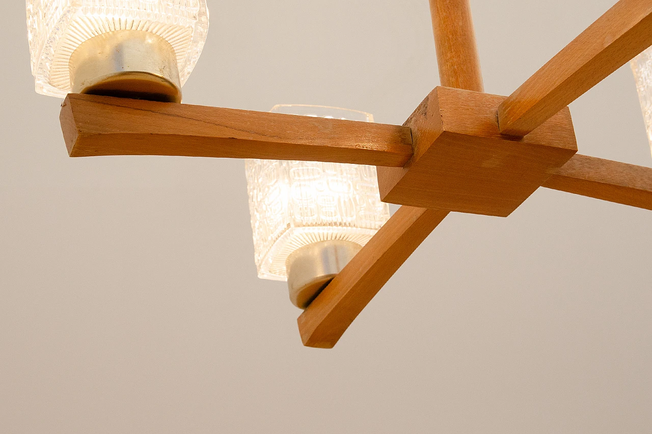 Brutalist Czechoslovakian wood and glass chandelier, 1970s 6