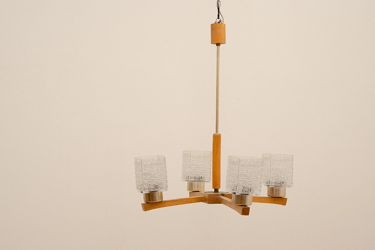 Brutalist Czechoslovakian wood and glass chandelier, 1970s 8