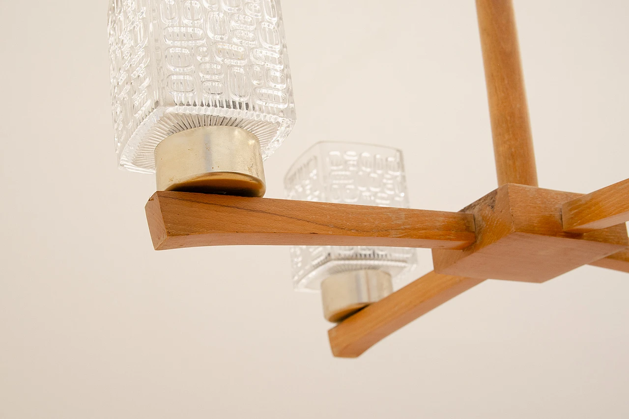 Brutalist Czechoslovakian wood and glass chandelier, 1970s 11