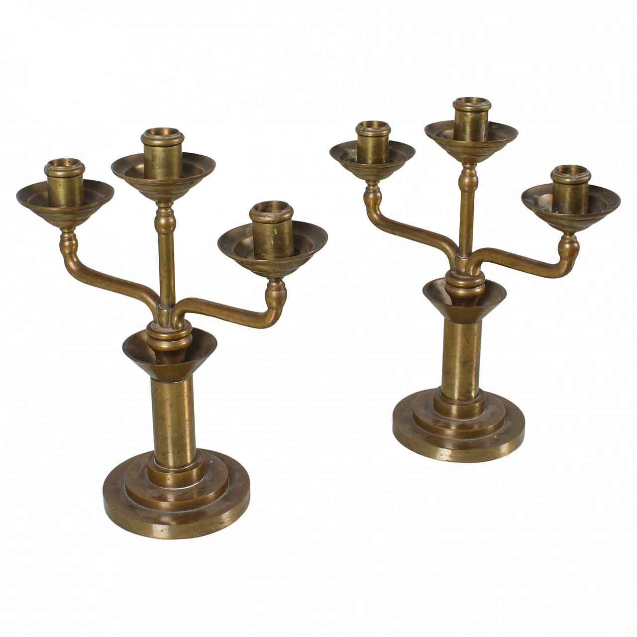 Pair of turned solid brass candelabra, 1930s 2