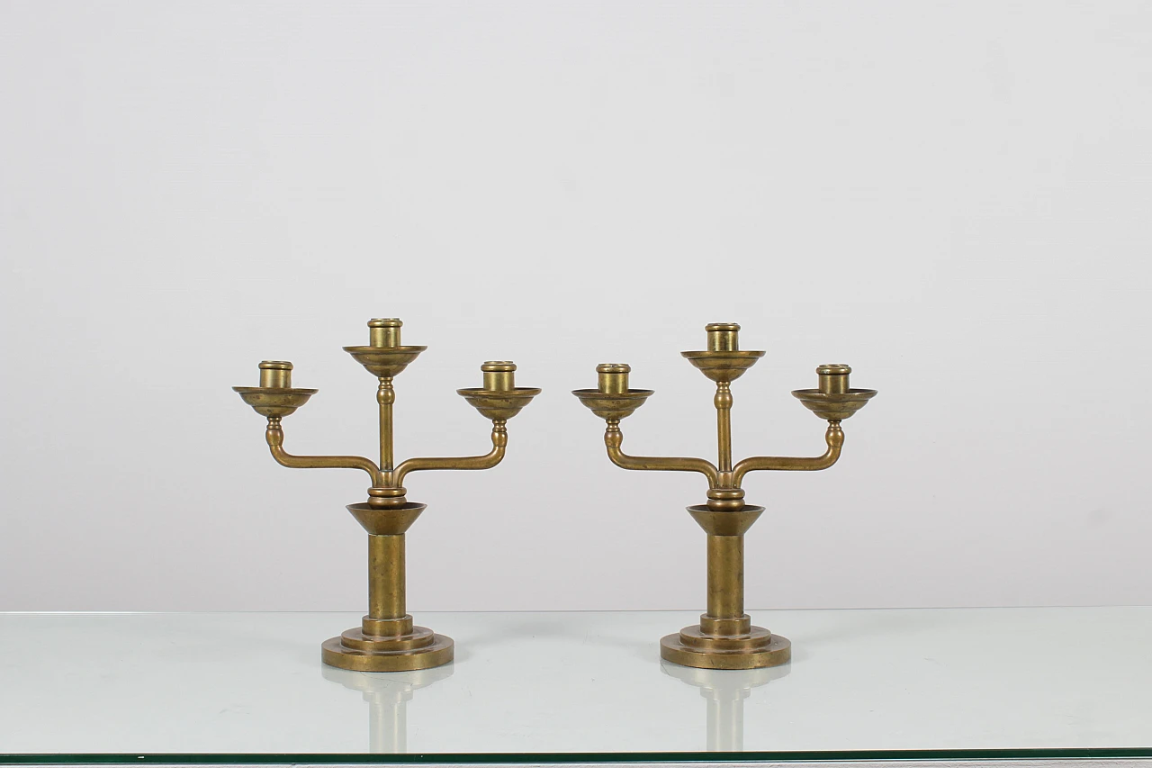Pair of turned solid brass candelabra, 1930s 3