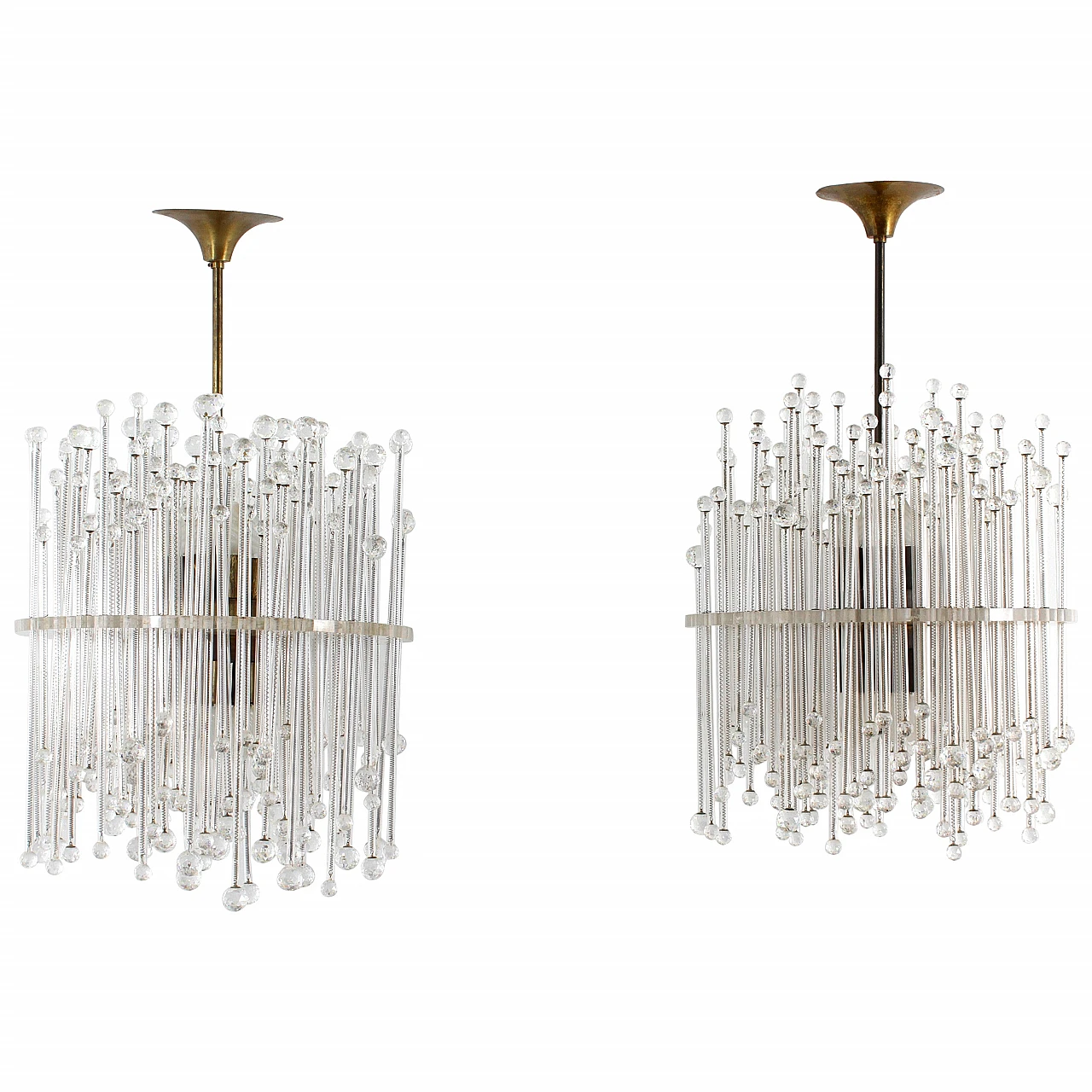 Pair of plexiglass, glass, crystal and brass chandeliers, 1960s 1