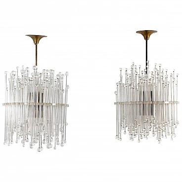 Pair of plexiglass, glass, crystal and brass chandeliers, 1960s