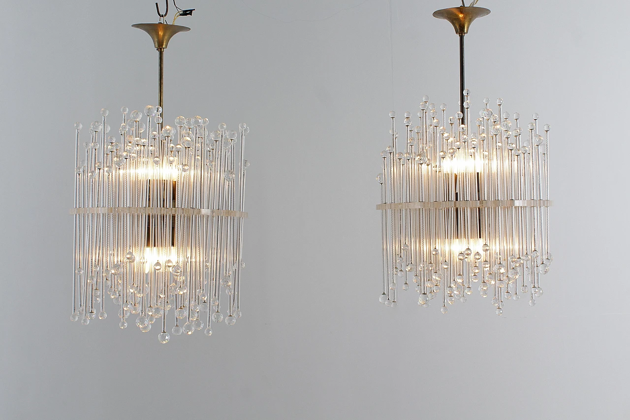 Pair of plexiglass, glass, crystal and brass chandeliers, 1960s 2