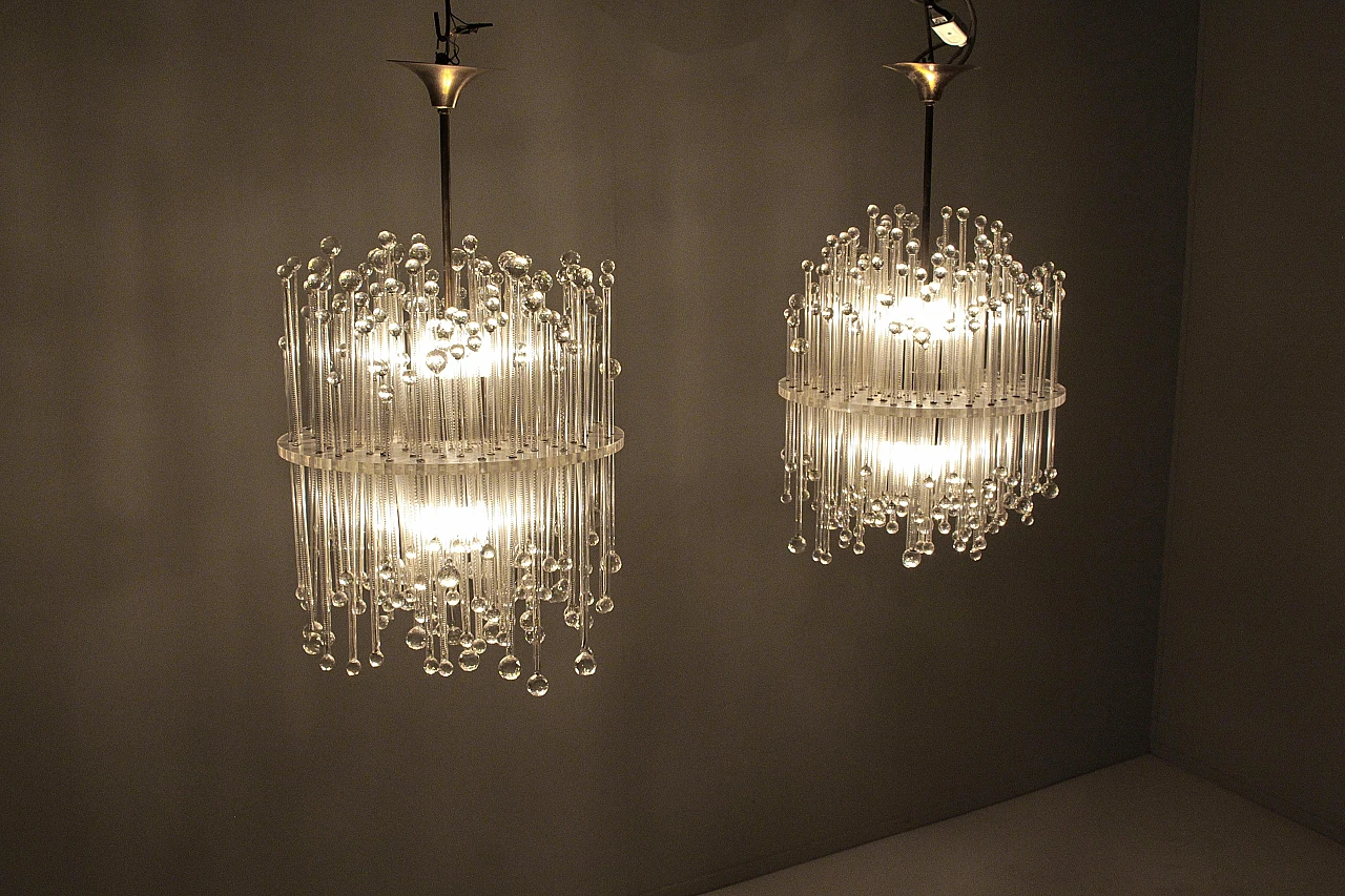 Pair of plexiglass, glass, crystal and brass chandeliers, 1960s 4