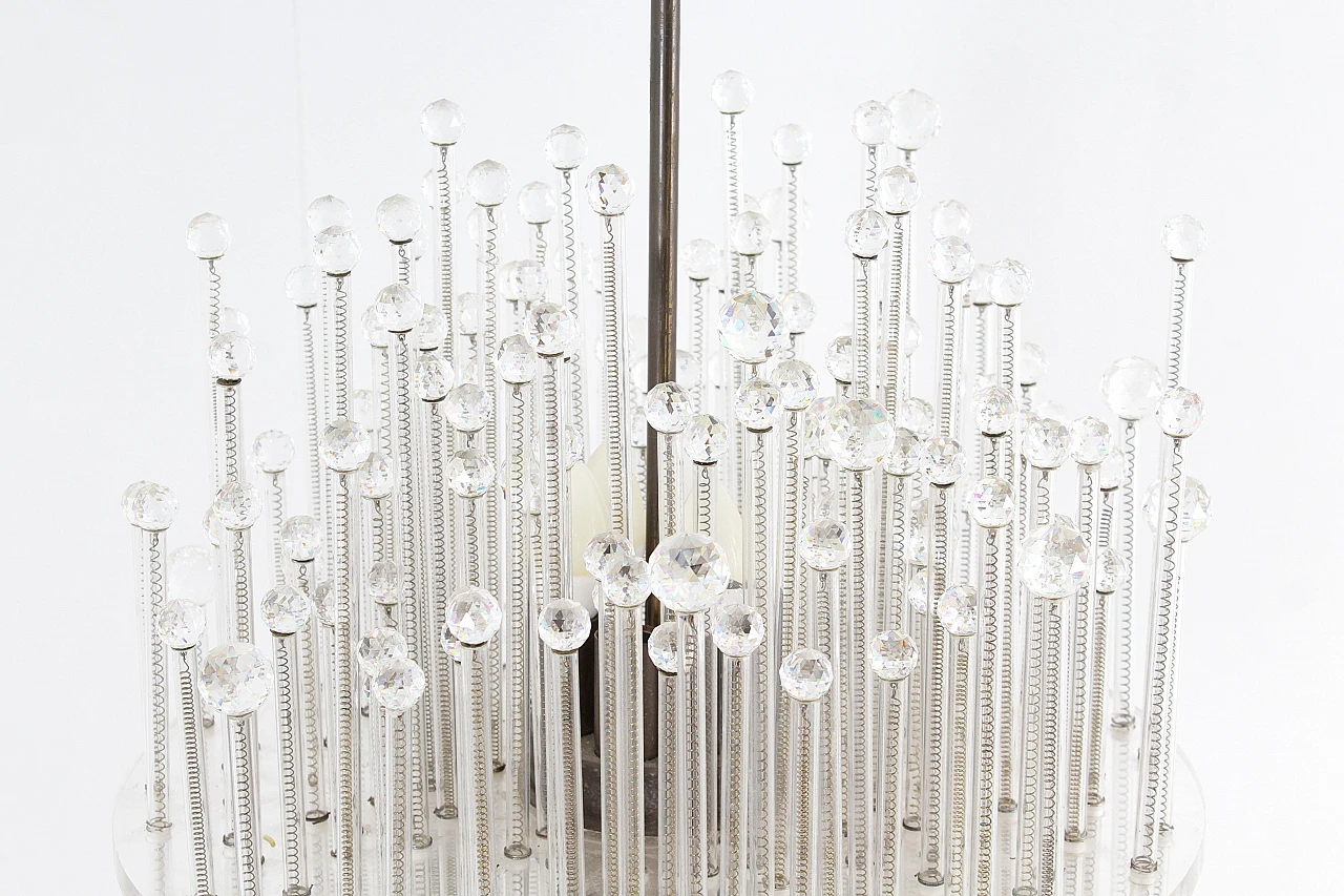 Pair of plexiglass, glass, crystal and brass chandeliers, 1960s 10