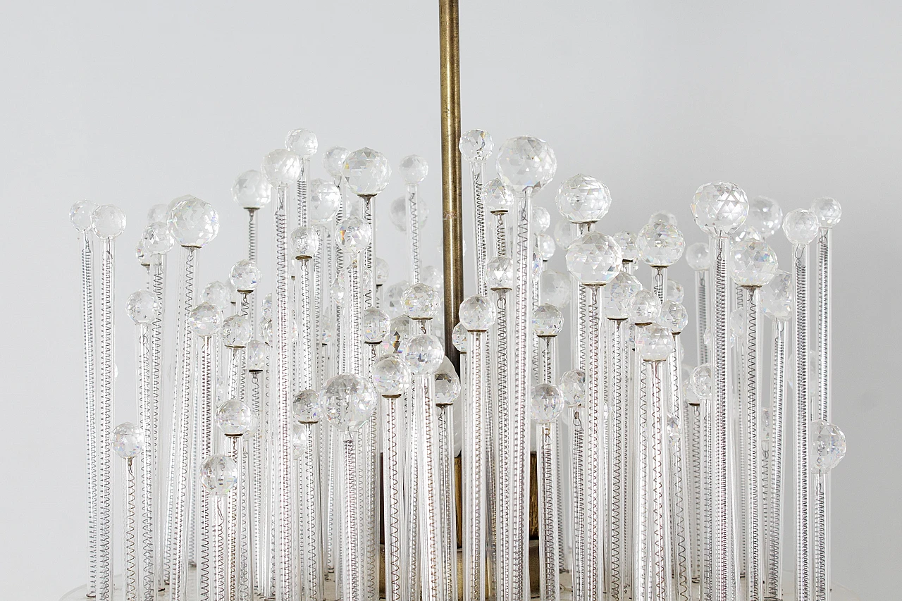 Pair of plexiglass, glass, crystal and brass chandeliers, 1960s 15