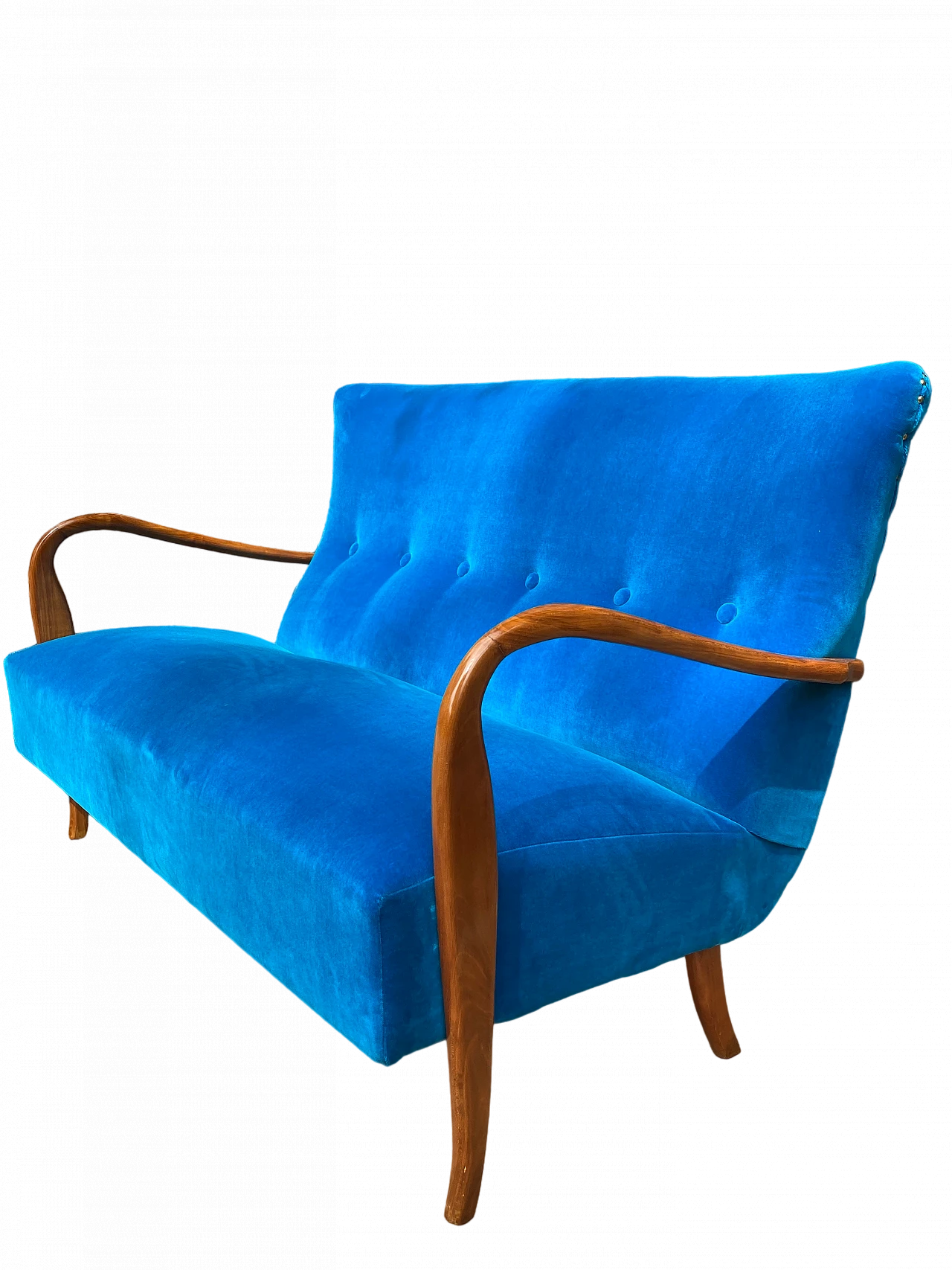 Solid cherry wood and blue velvet sofa, 1940s 19