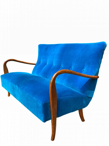 Solid cherry wood and blue velvet sofa, 1940s