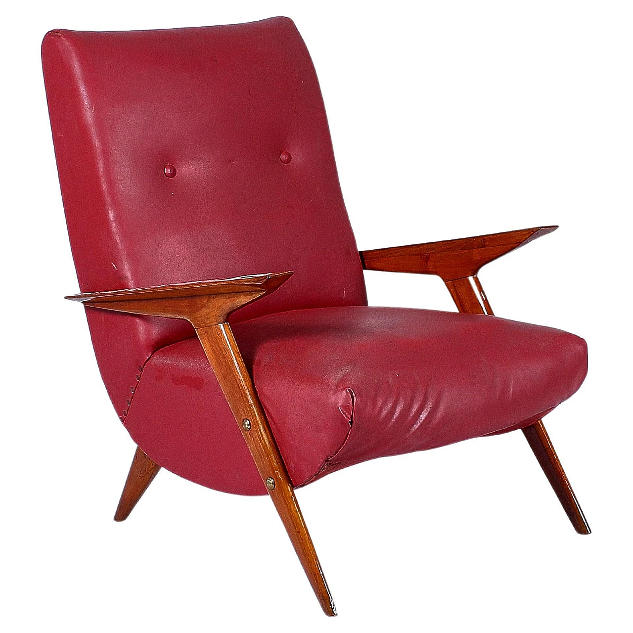 Wood and red leather armchair attributed to Carlo Graffi, 1950s 1